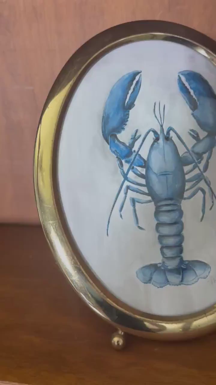 Blue Lobster - Original Watercolor Art, Oval Frame Included, Still Life, Small, Minimalist, Ocean, Sea, Whimsical, Playful, Harbor, Maine