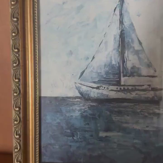 Blue Sailboat - Original Palette Knife Art, Rectangle Frame Included, Still Life, Small, Minimalist, Whimsical, Moody, Lake, Ocean, Beach