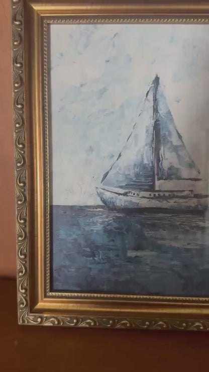 Blue Sailboat - Original Palette Knife Art, Rectangle Frame Included, Still Life, Small, Minimalist, Whimsical, Moody, Lake, Ocean, Beach