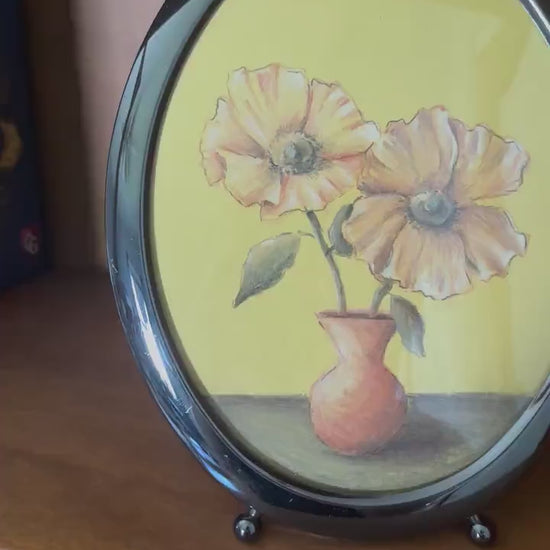 Yellow Poppies - Original Chalk Pastel, Oval Frame Included, Still Life, Small, Minimalist, Flower Vase, Floral, Whimsical, Muted, Playful