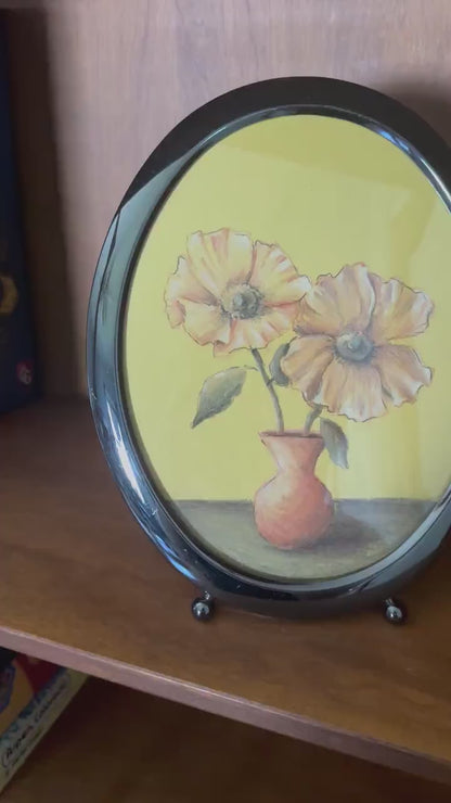 Yellow Poppies - Original Chalk Pastel, Oval Frame Included, Still Life, Small, Minimalist, Flower Vase, Floral, Whimsical, Muted, Playful