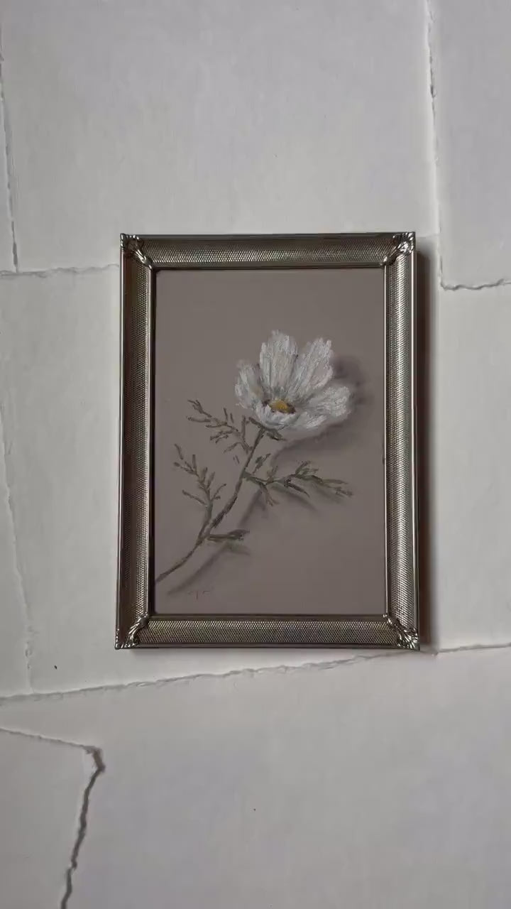 Floating Cosmos - Original Chalk Pastel Art, Rectangle Frame Included, Still Life Floral, Small, Minimalist, Unique, Whimsical, Moody